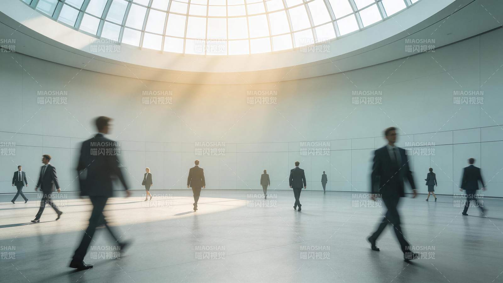 现代圆形大厅中穿西装的人群行走场景图片