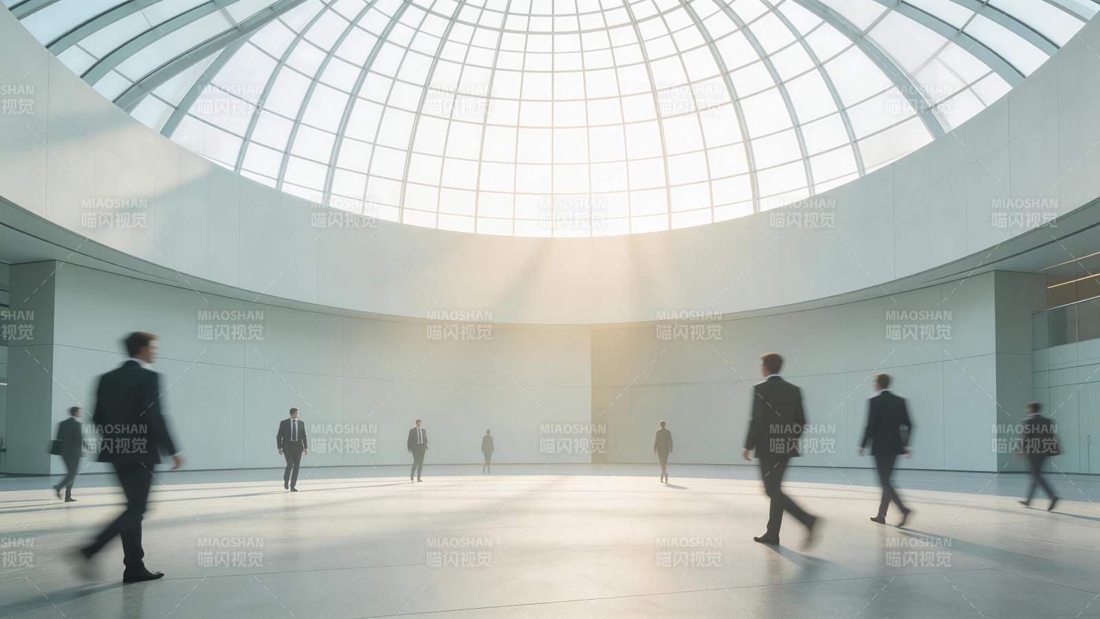 现代穹顶大厅中穿西装人士行走场景图片