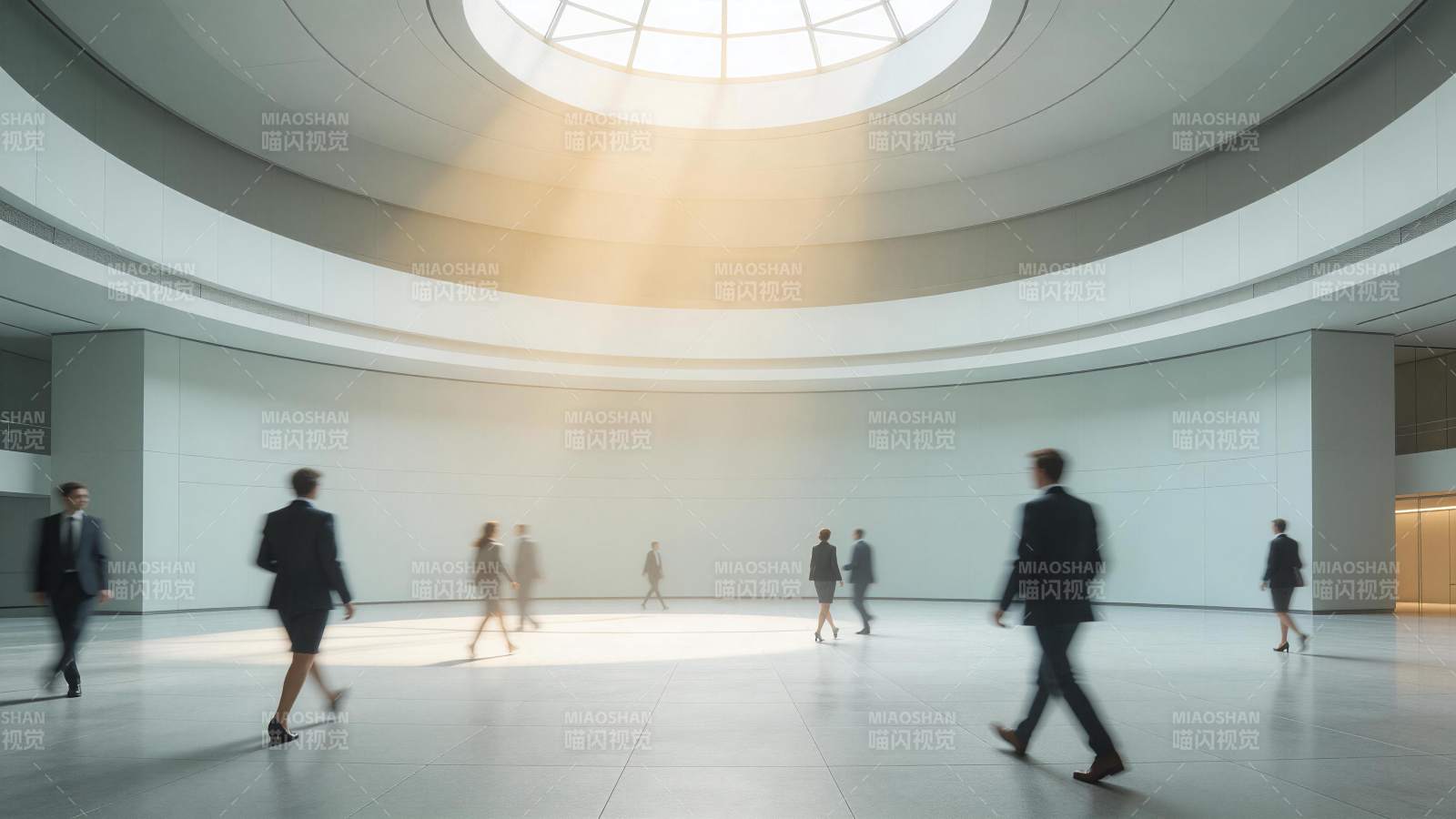 现代圆形大厅中穿正装人士行走场景图片