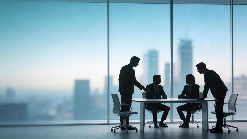 四位商务人士在落地窗前会议讨论场景图片