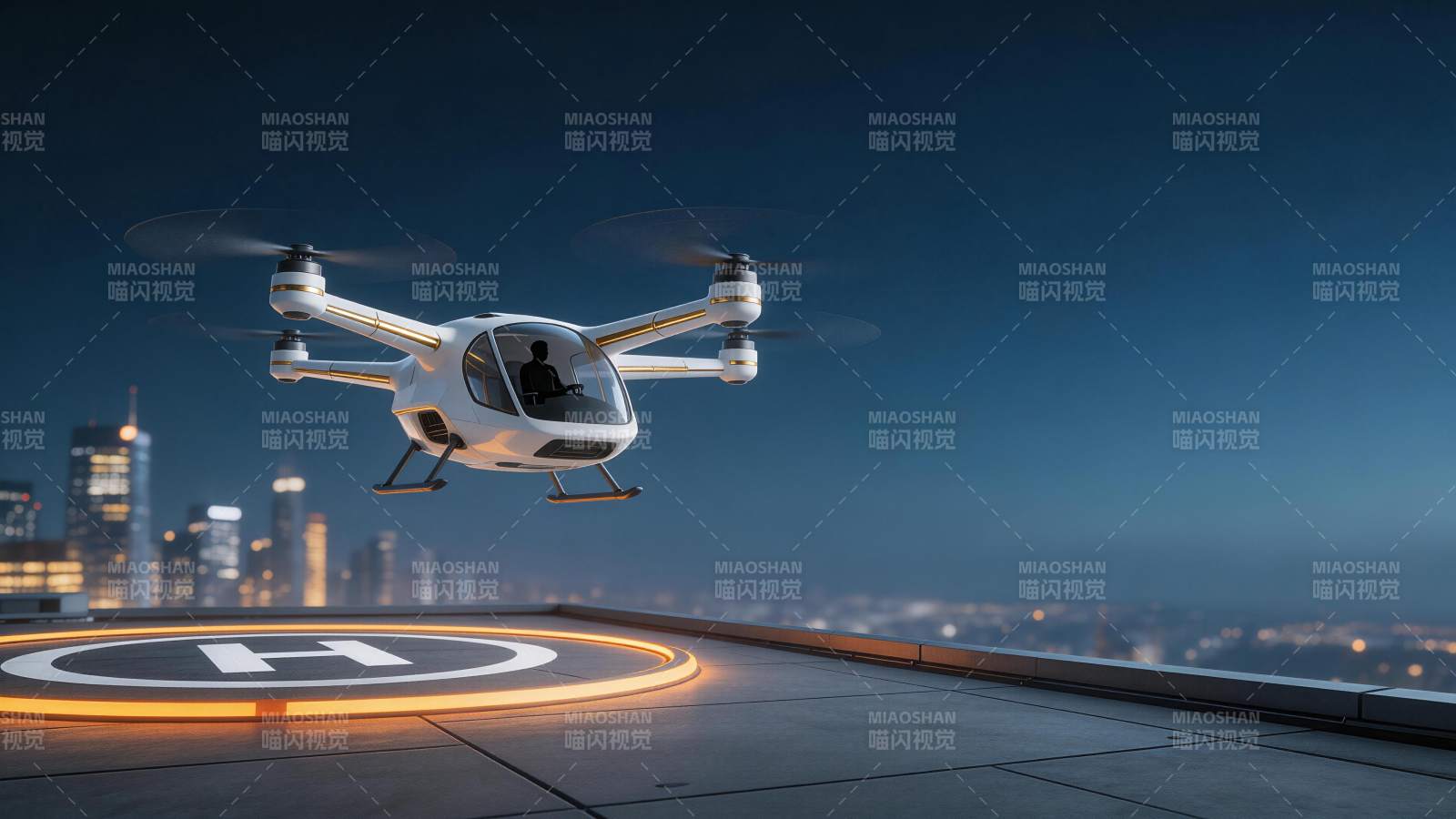 夜间城市楼顶飞行器悬停于发光停机坪上方图片