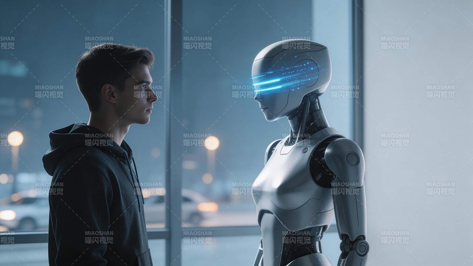 青年男子与银色人形机器人对视场景图片