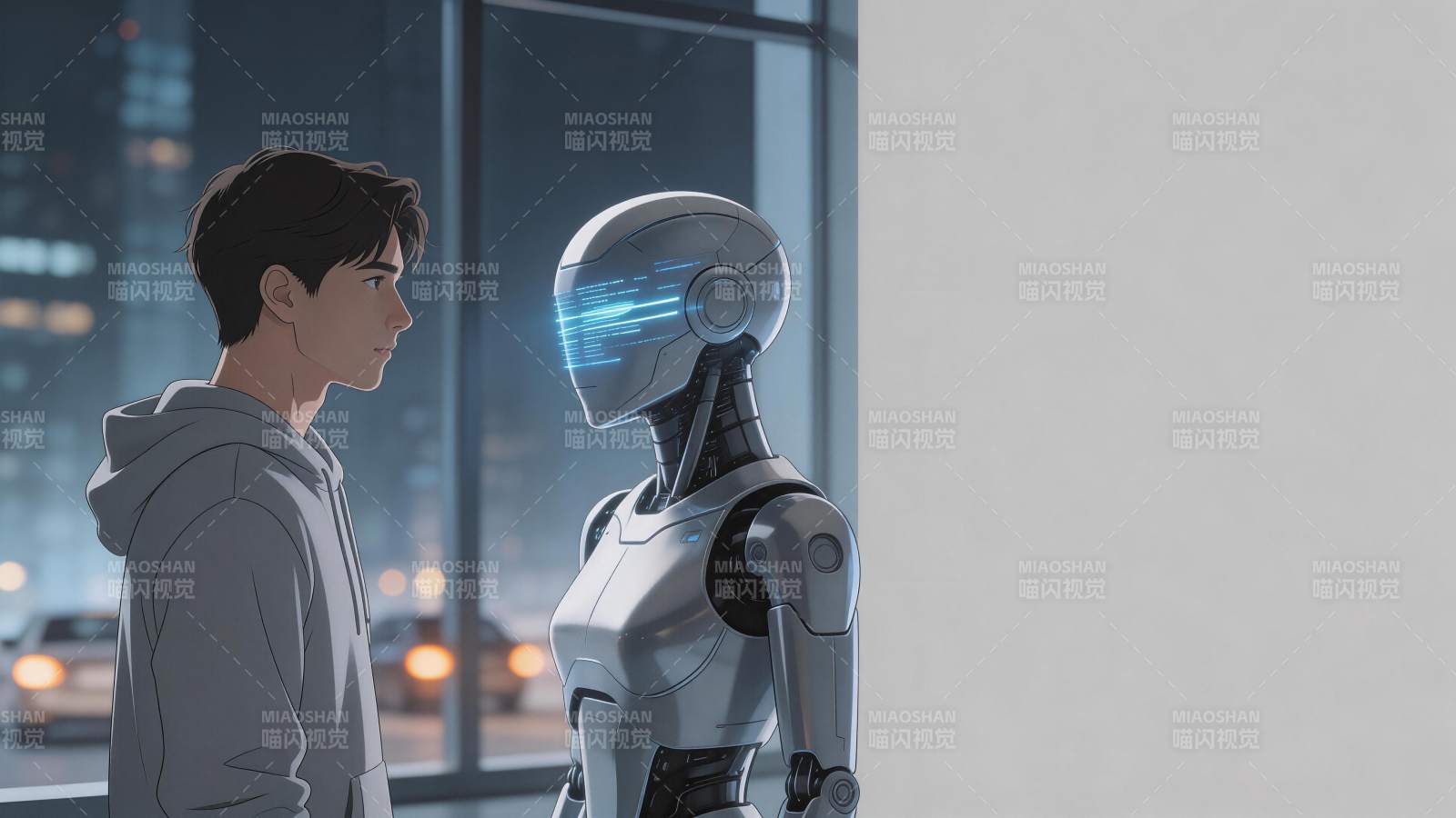 青年男子与银色机器人对视交流场景图片
