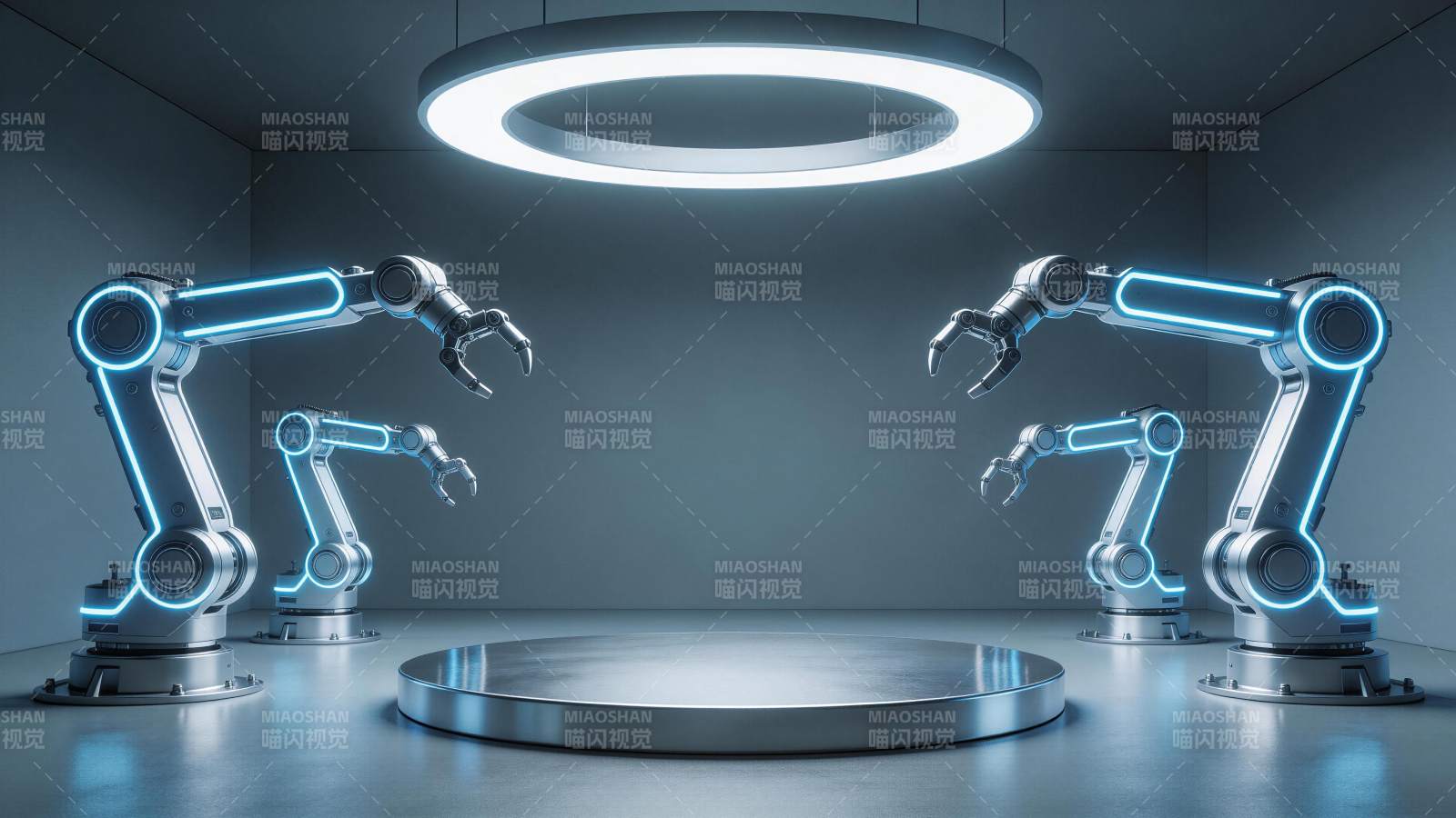 四台发光机械臂环绕圆形平台展示图片