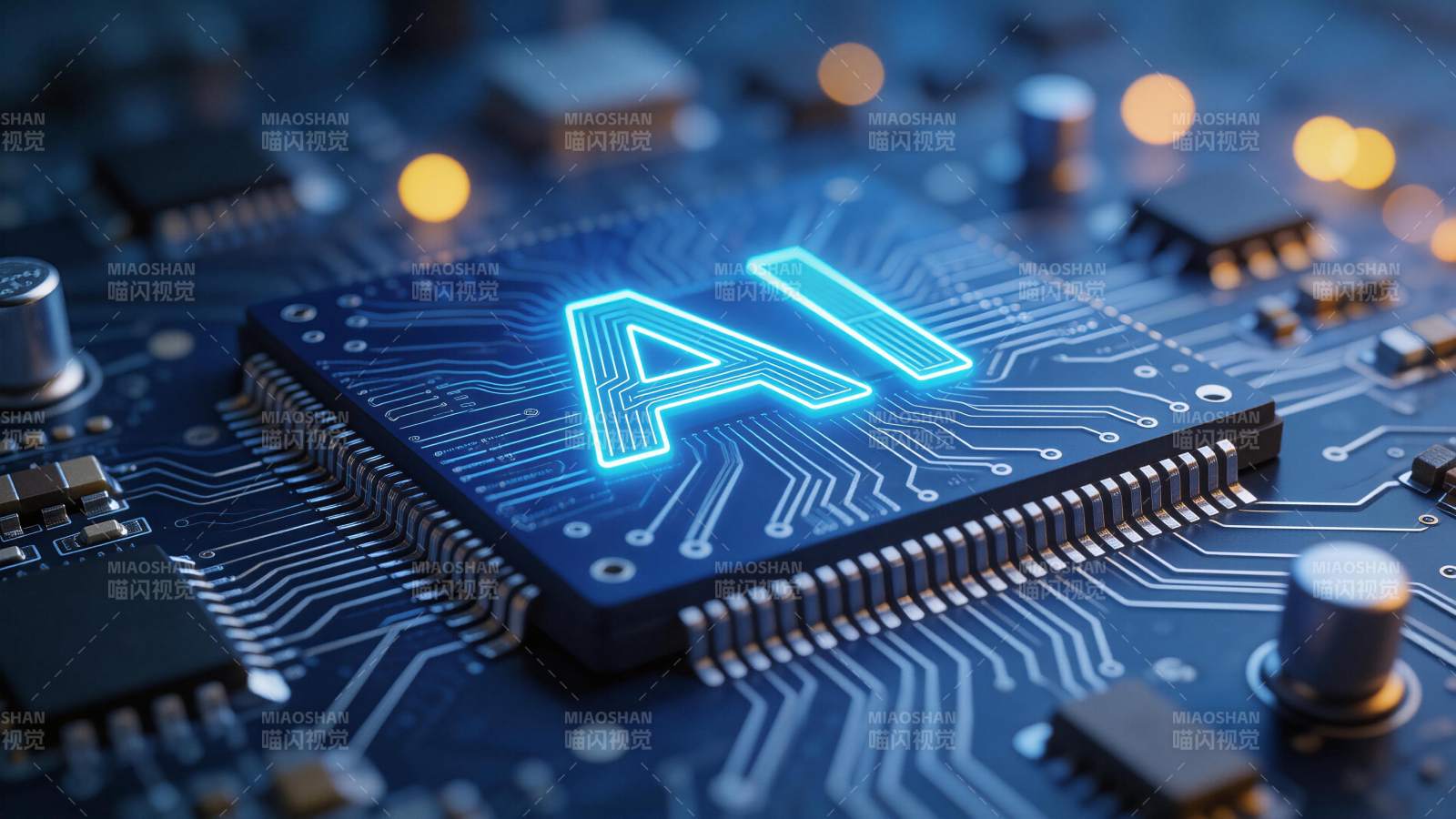 发光AI字样集成电路上的科技特写图片