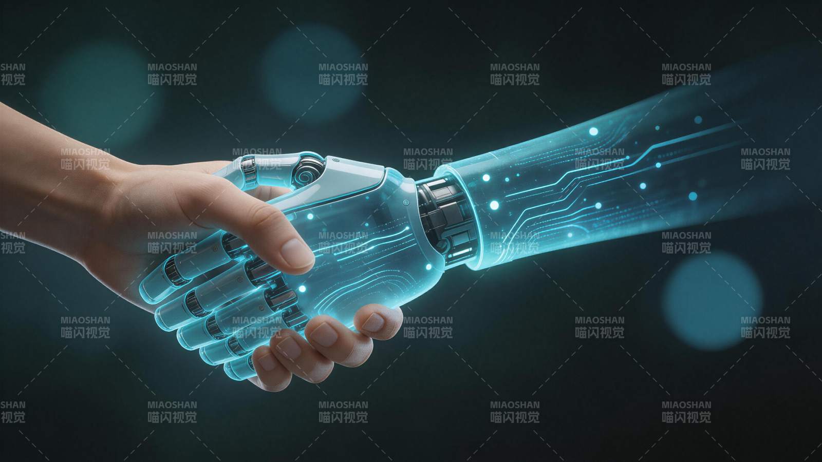 人类手掌与发光机械手臂握手特写图片