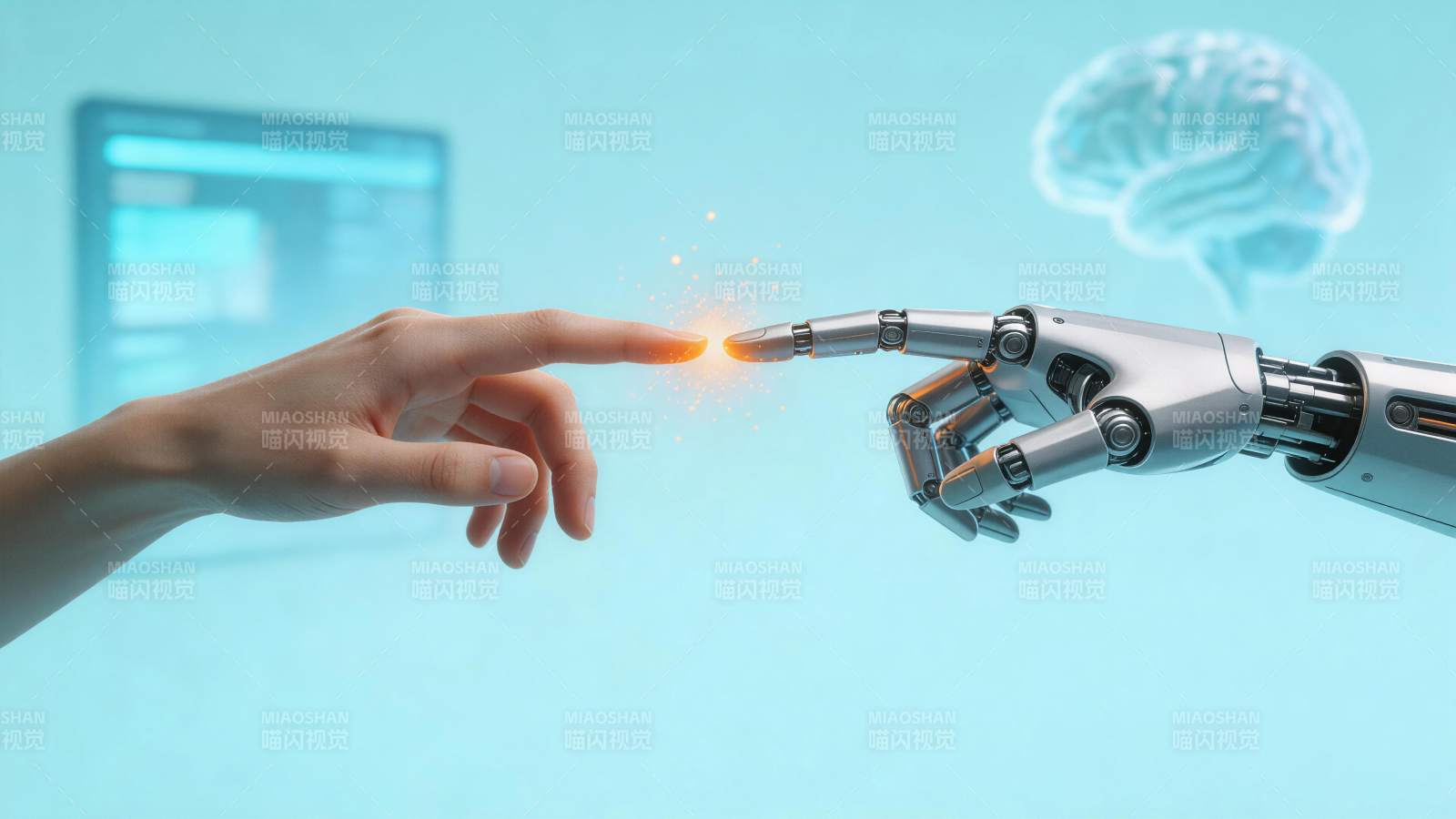 人类手指与机械手指触碰产生火花图片