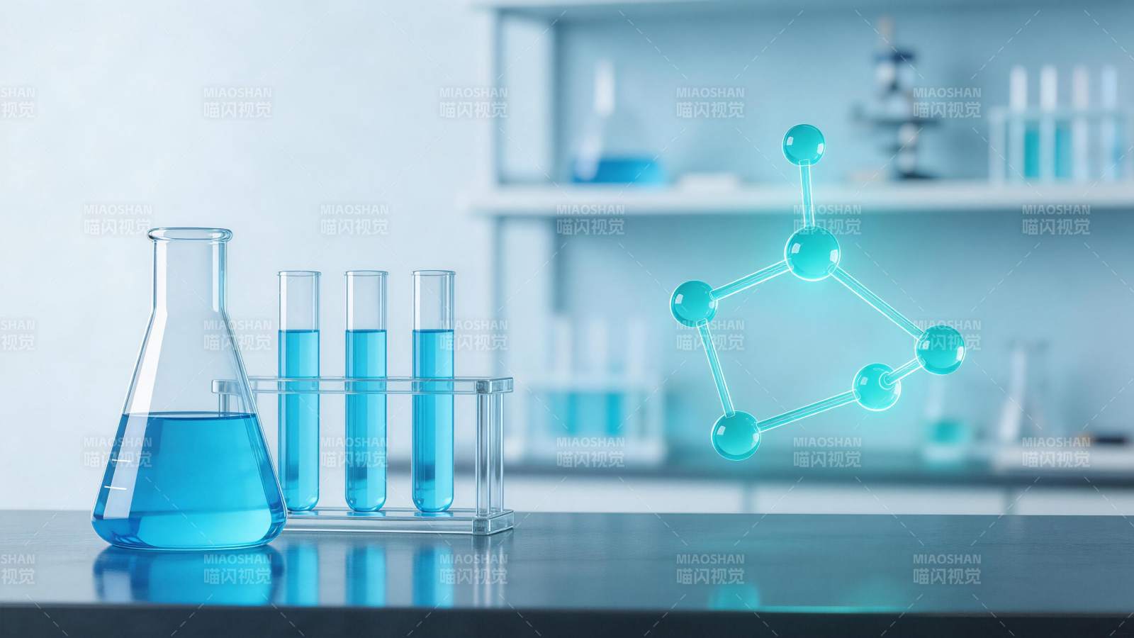 实验室蓝色液体与分子结构模型展示图片