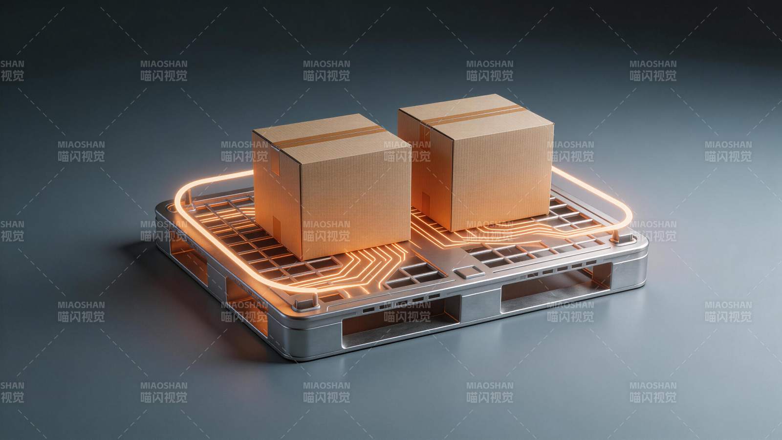 智能托盘承载纸箱并发光电路纹路图片