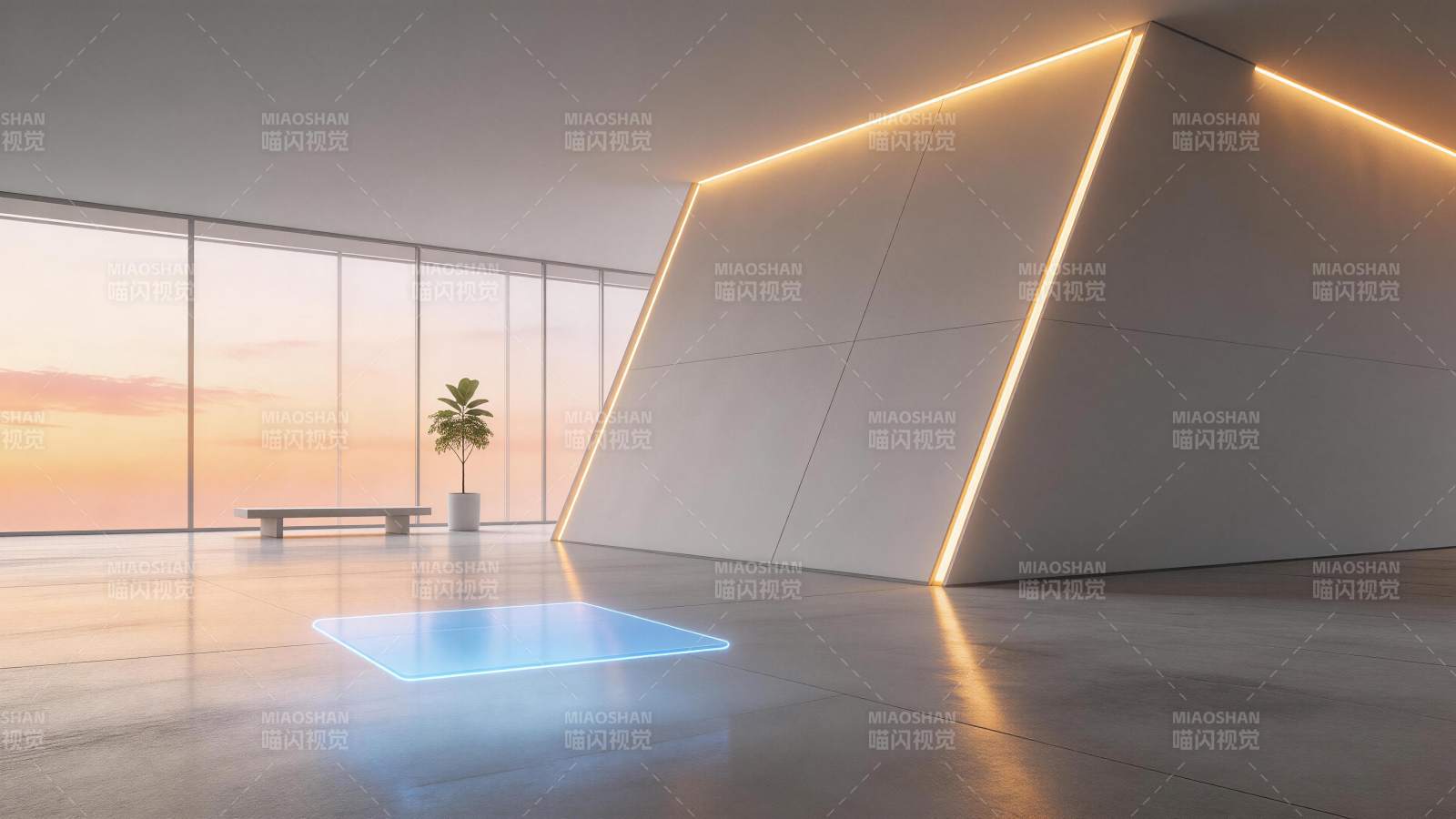 现代室内空间中发光几何墙体与蓝色光板图片