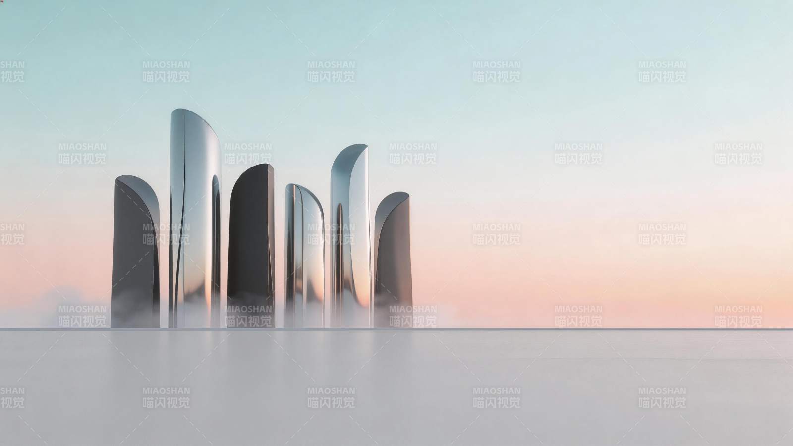 金属曲面雕塑群立于雾气平台之上图片