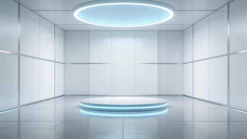 白色科技感室内空间中央圆形发光展台图片