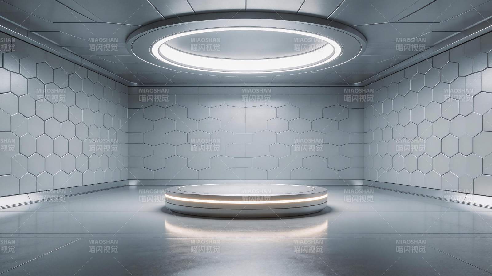 六边形蜂窝墙与环形灯照明的科技展厅图片