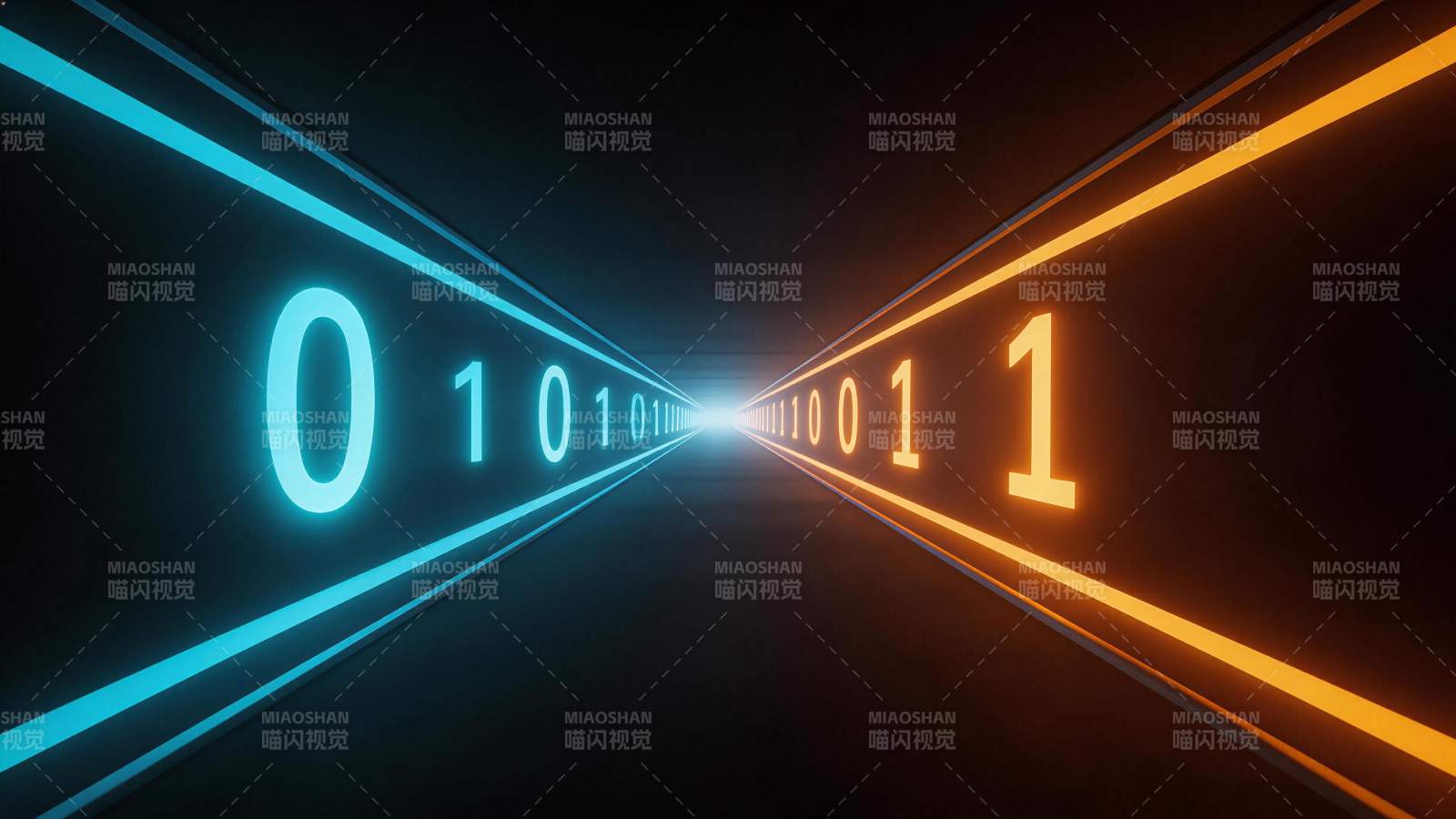 蓝橙双色二进制数字隧道光影效果图片
