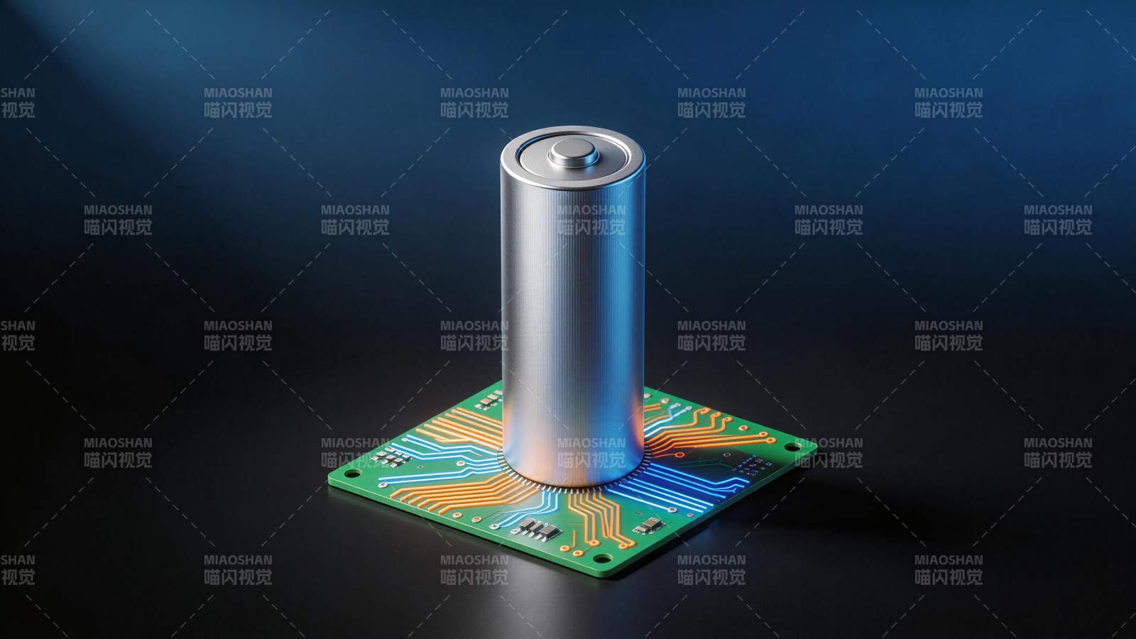 圆柱形电池立于发光电路板之上图片