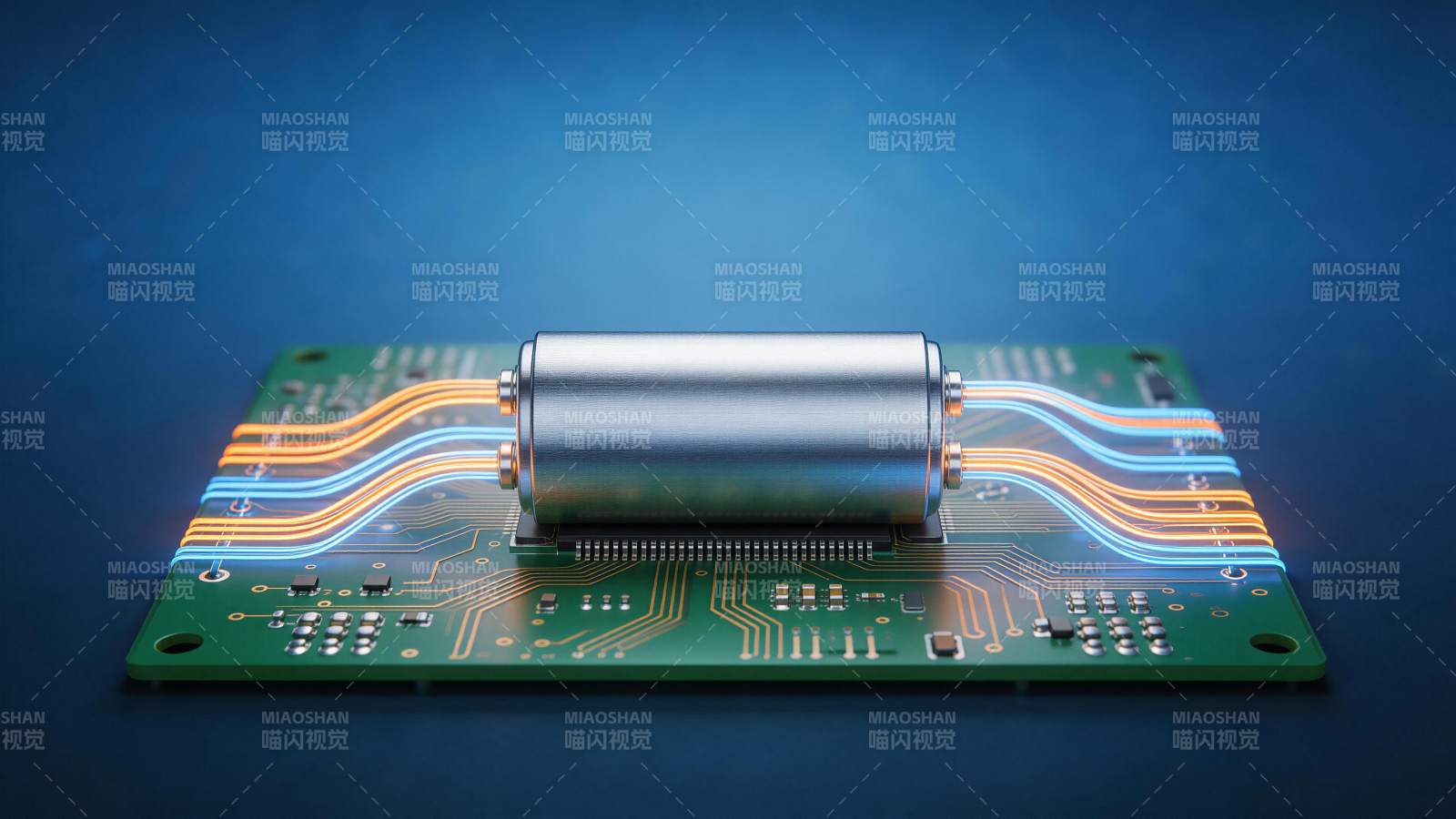 绿色电路板上银色圆柱电池连接发光导线图片