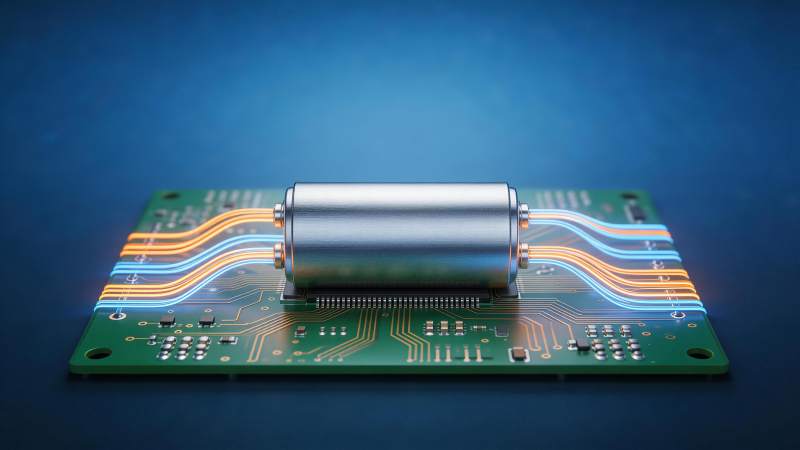 绿色电路板上银色圆柱电池连接发光导线图片