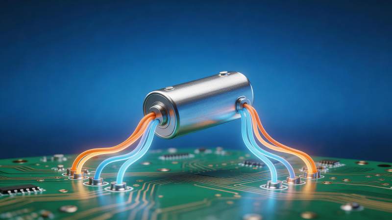 电路板上的电容器连接发光导线特写图片