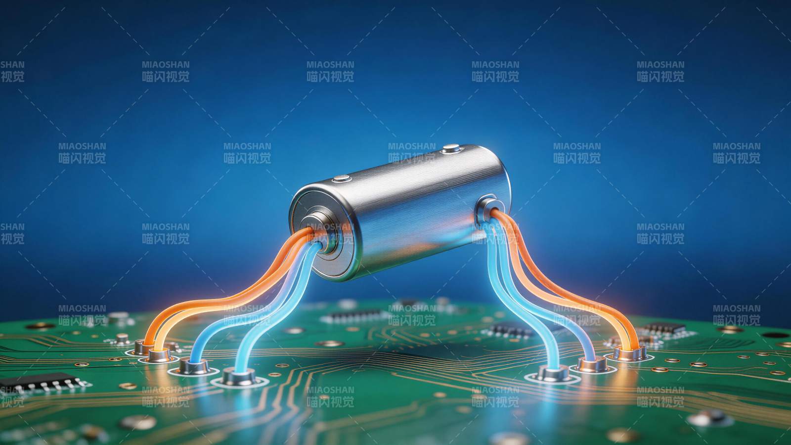 电路板上的电容器连接发光导线特写图片