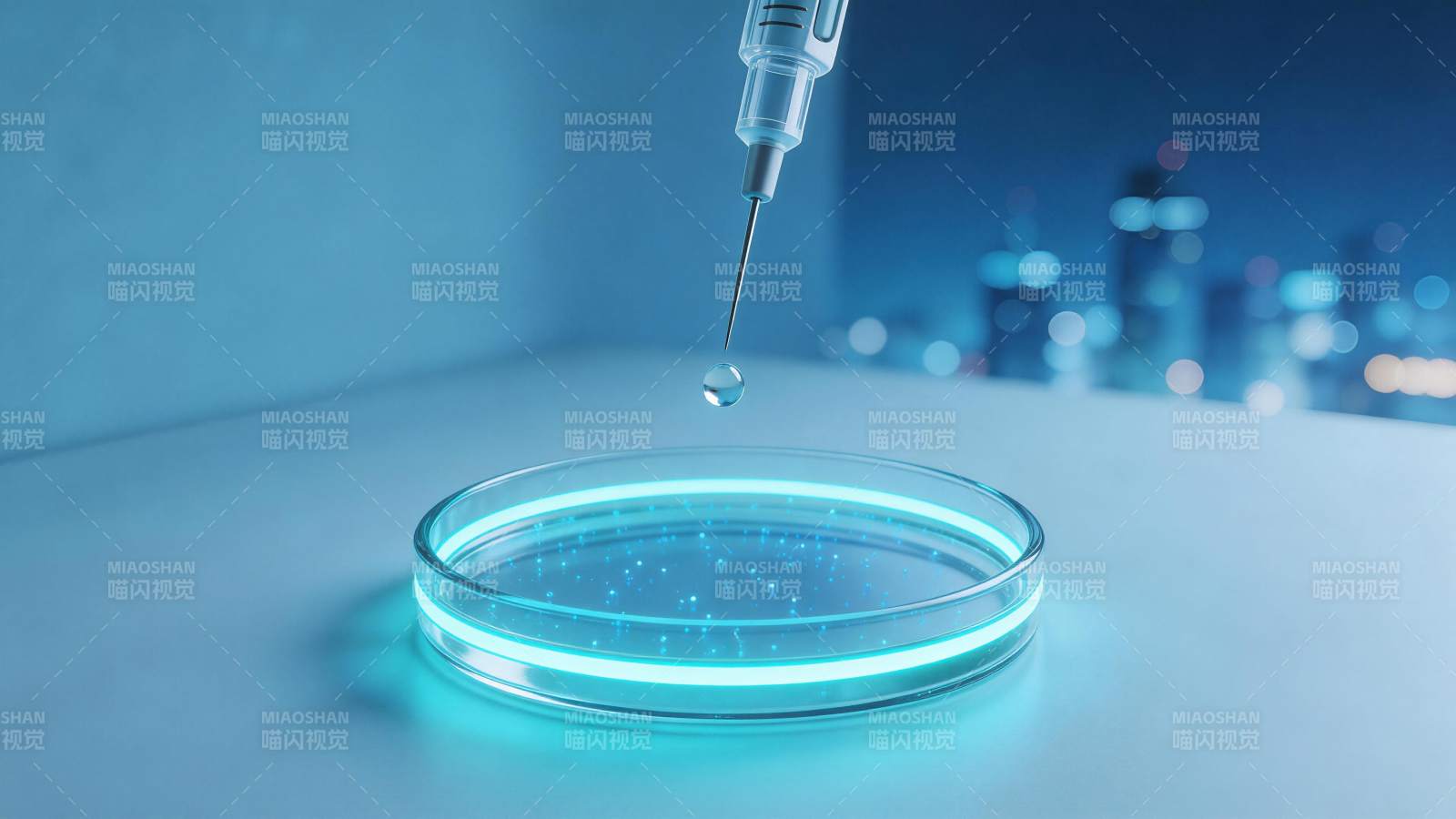注射器滴液入发光培养皿的实验室场景图片