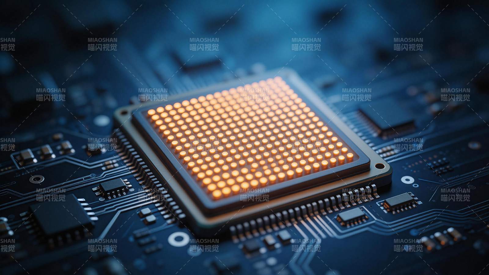 发光芯片安装在蓝色电路板上的特写镜头图片