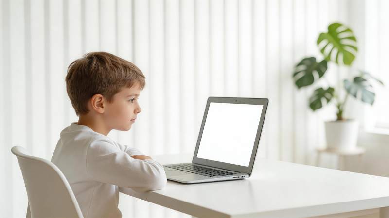 男孩坐在桌前专注观看笔记本电脑屏幕图片