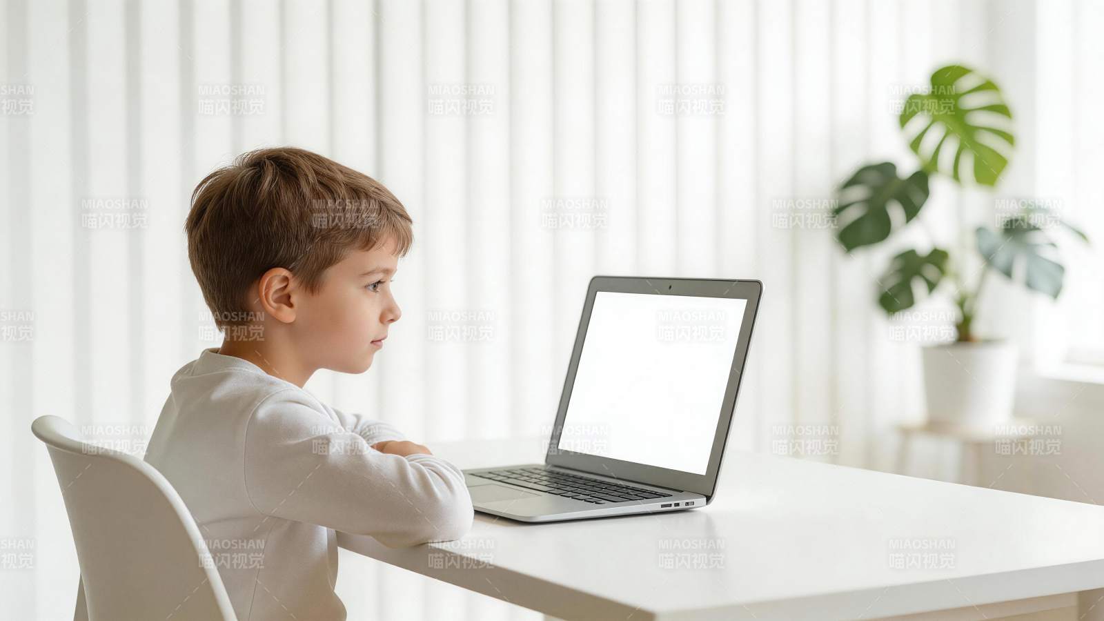 男孩坐在桌前专注观看笔记本电脑屏幕图片