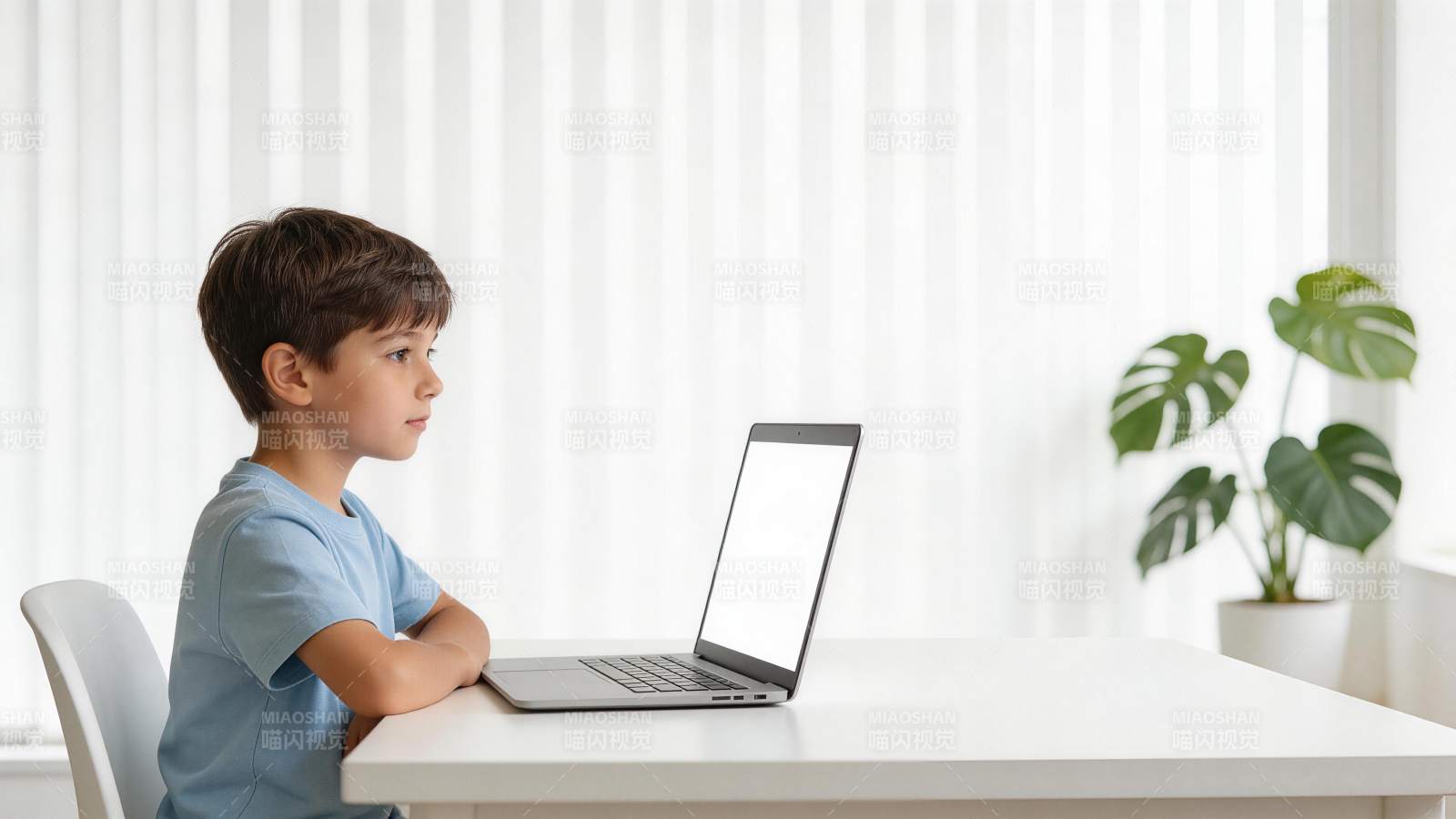 男孩坐在桌前专注观看笔记本电脑屏幕图片