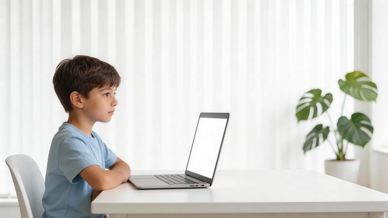 男孩坐在桌前专注观看笔记本电脑屏幕图片