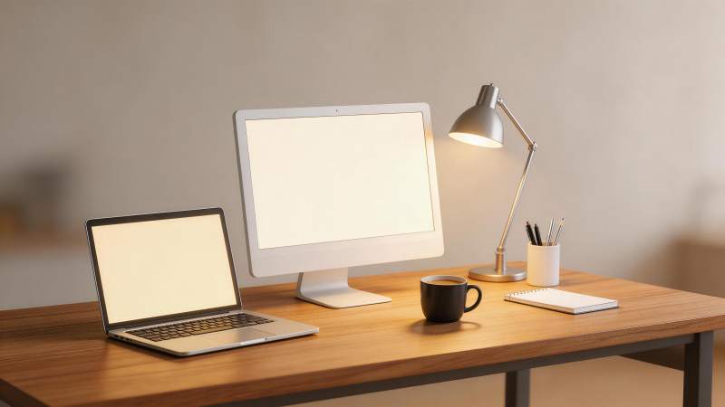 木质办公桌上摆放笔记本电脑显示器台灯咖啡图片