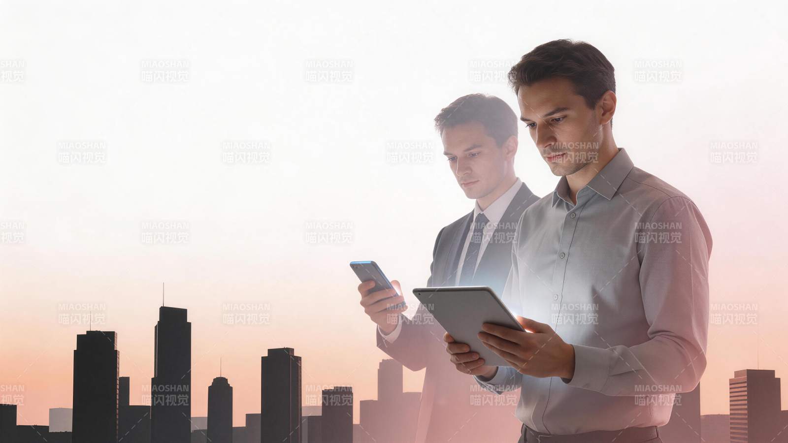 两位男士在城市天际线前使用平板与手机图片