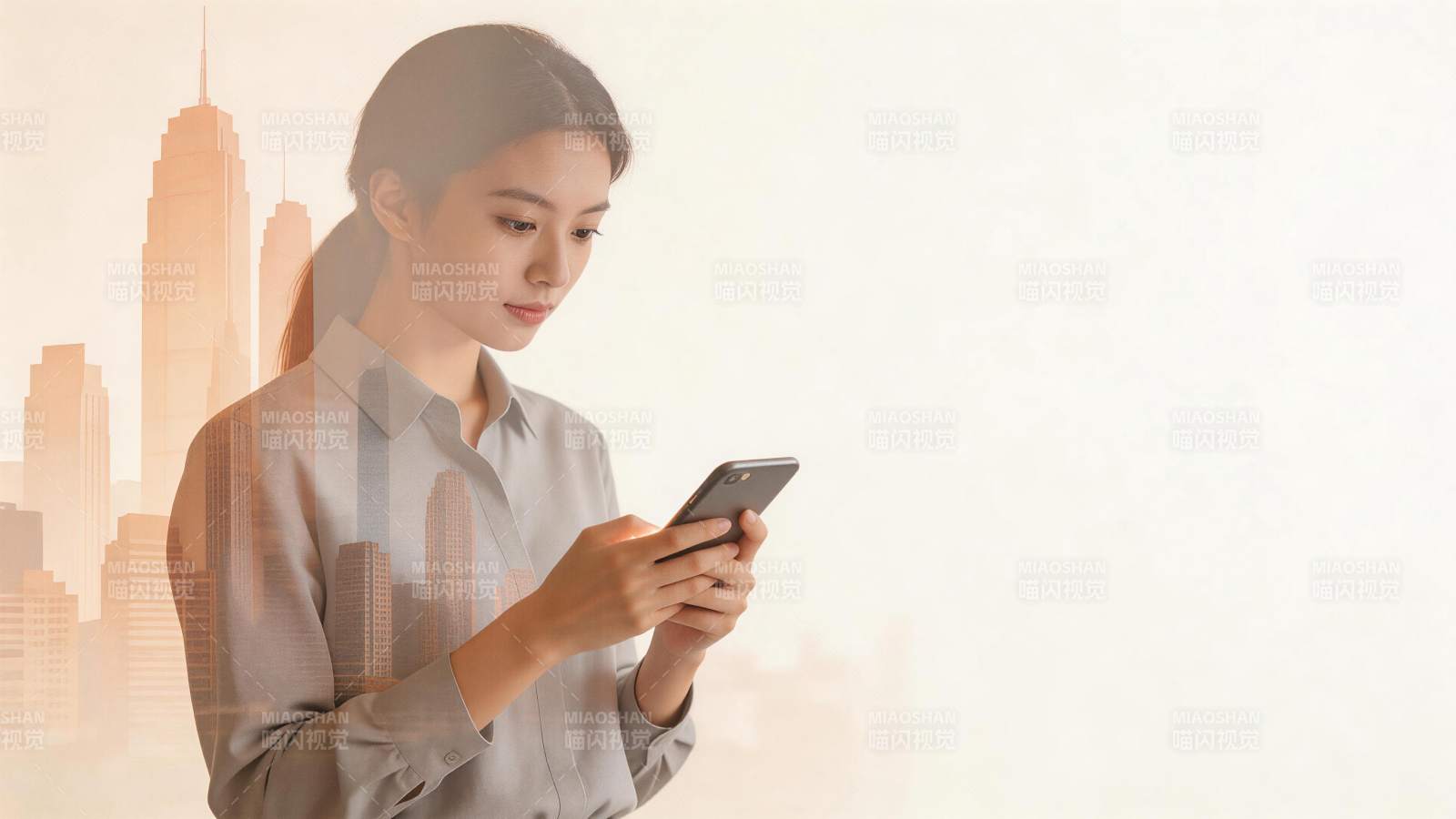 女性手持智能手机专注查看屏幕内容图片