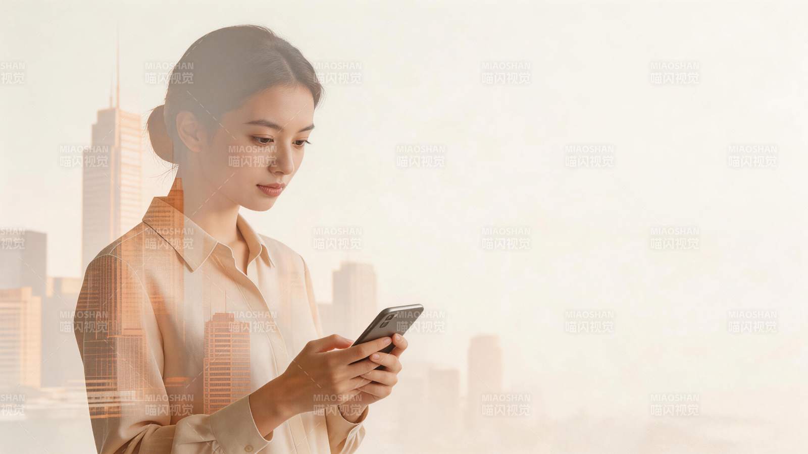 女性手持智能手机专注查看城市背景影像图片