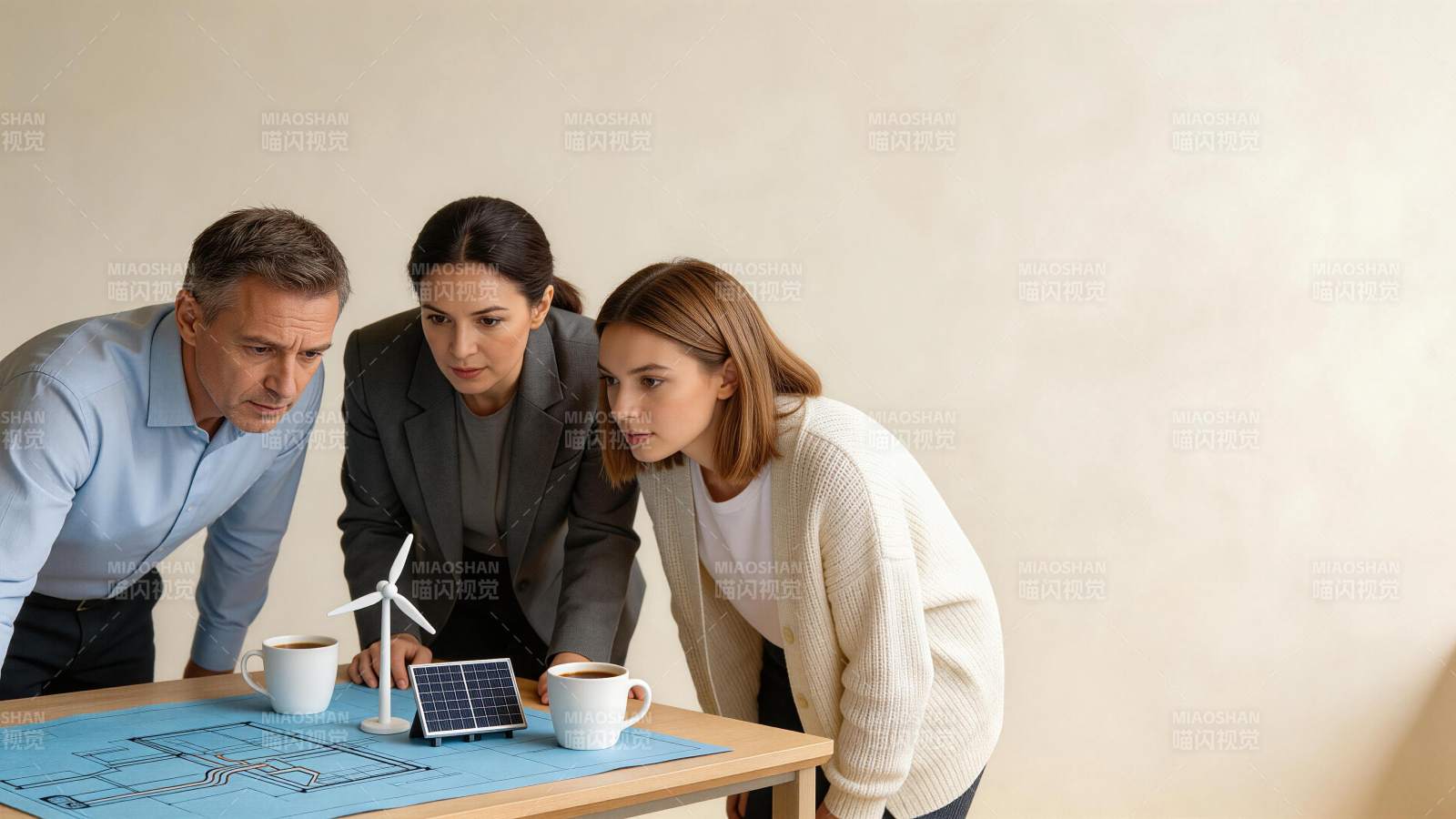 三人围看桌上的风力发电机与太阳能板模型图片
