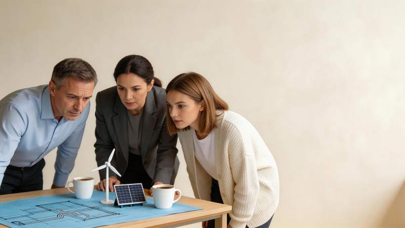 三人围看桌上的风力发电机与太阳能板模型图片