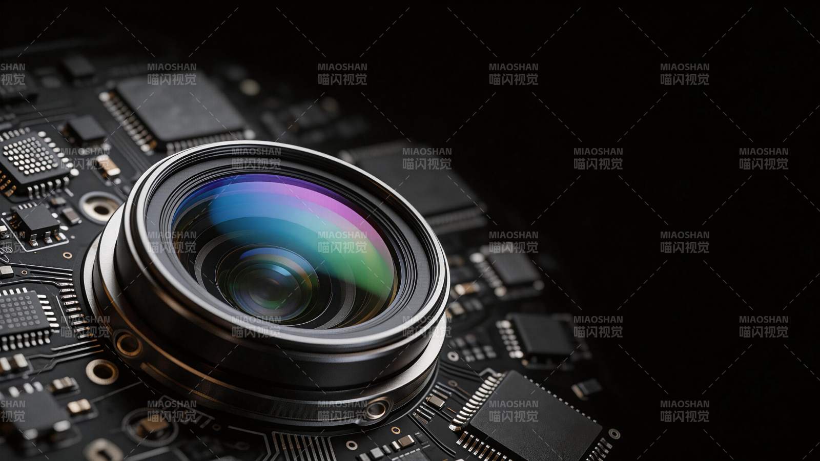 电路板上的光学镜头特写展示精密电子结构图片