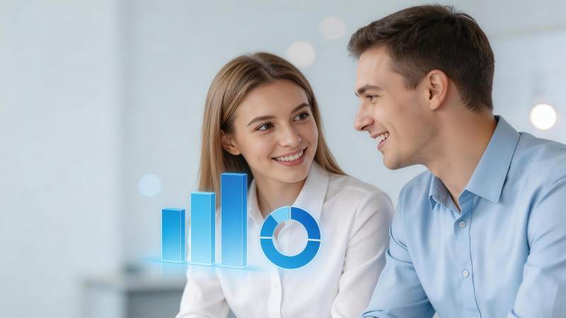 男女职场人员讨论蓝色数据图表内容图片