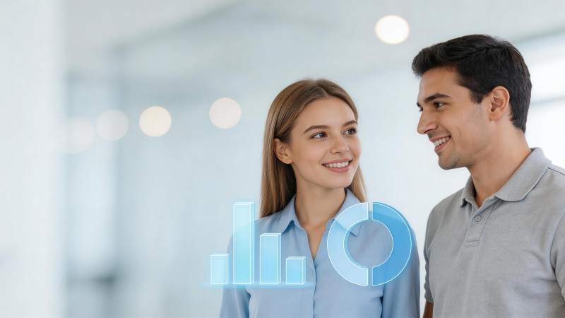 男女职场人员交流数据图表投影场景图片