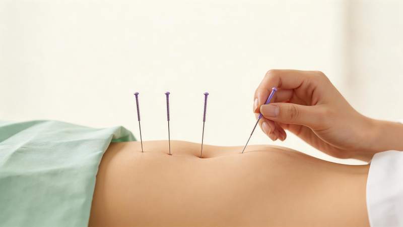 腹部针灸治疗过程特写展示图片