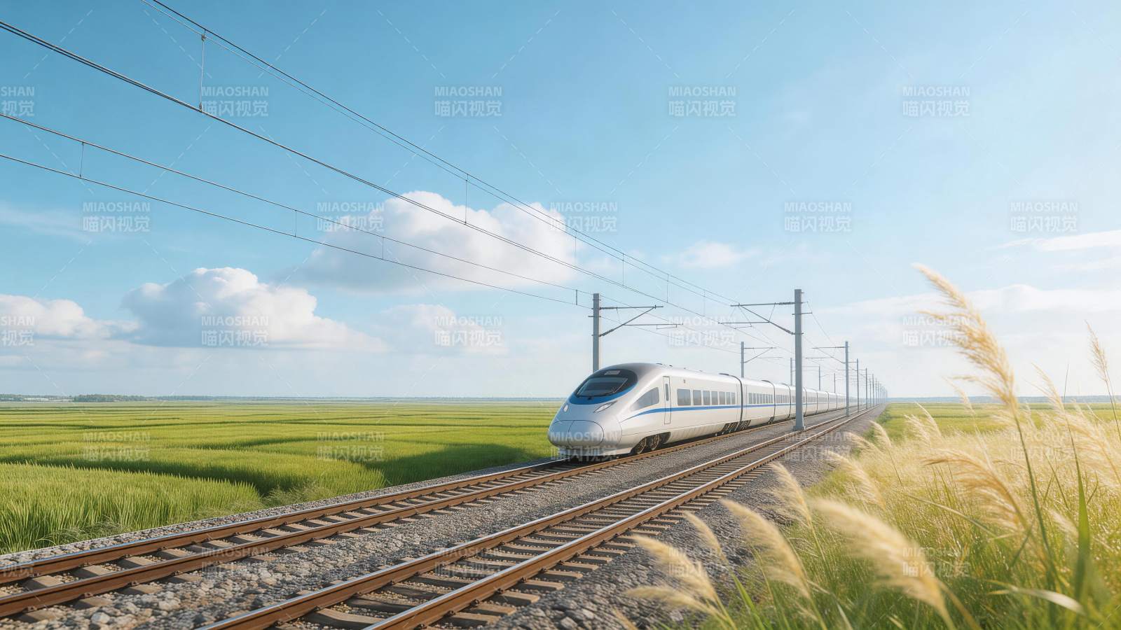 高速列车穿行绿色田野铁轨之上图片