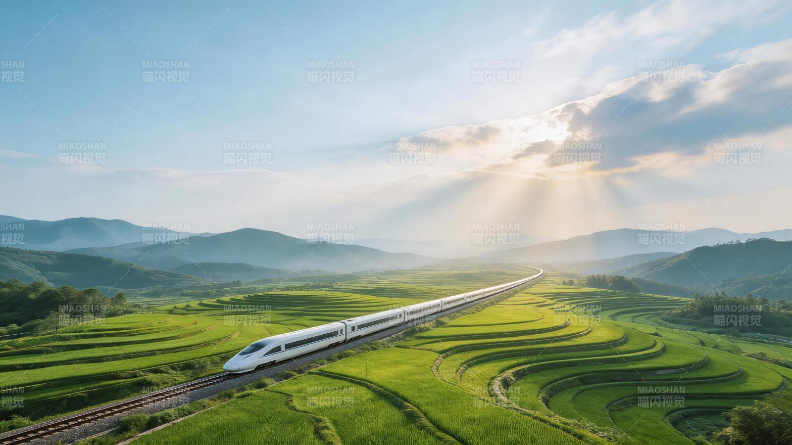 白色高铁穿行绿色梯田山间晨光中图片