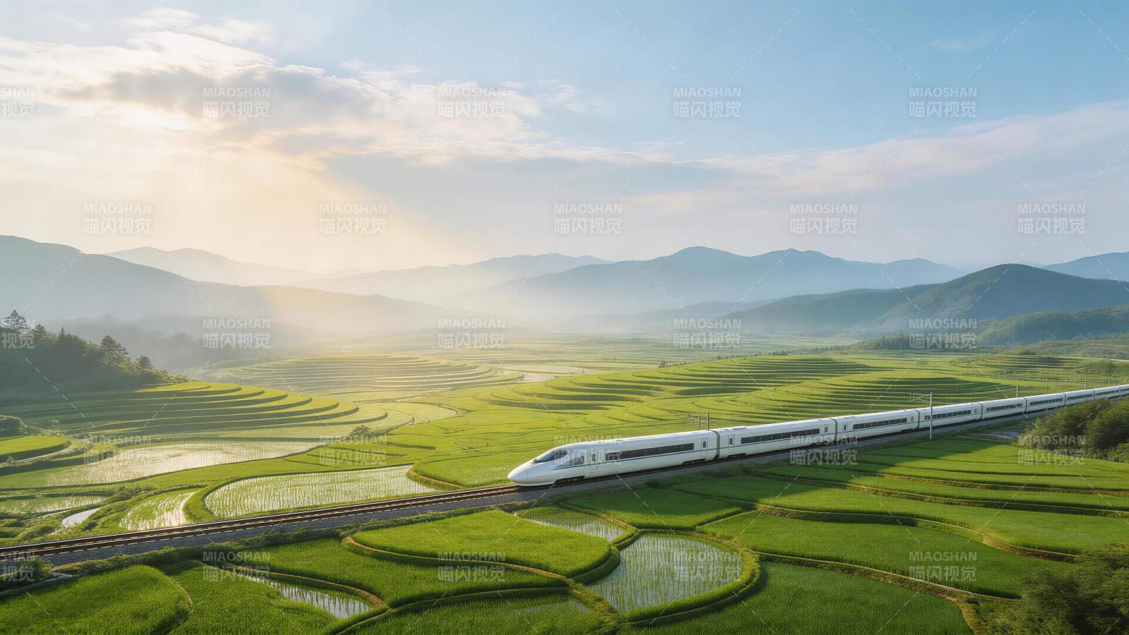 高铁穿行于梯田环绕的山谷间图片