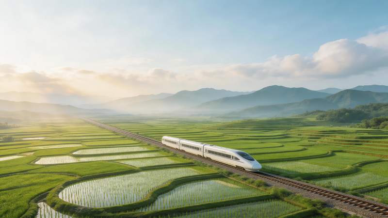 高铁穿行于梯田稻田间的清晨风景图片