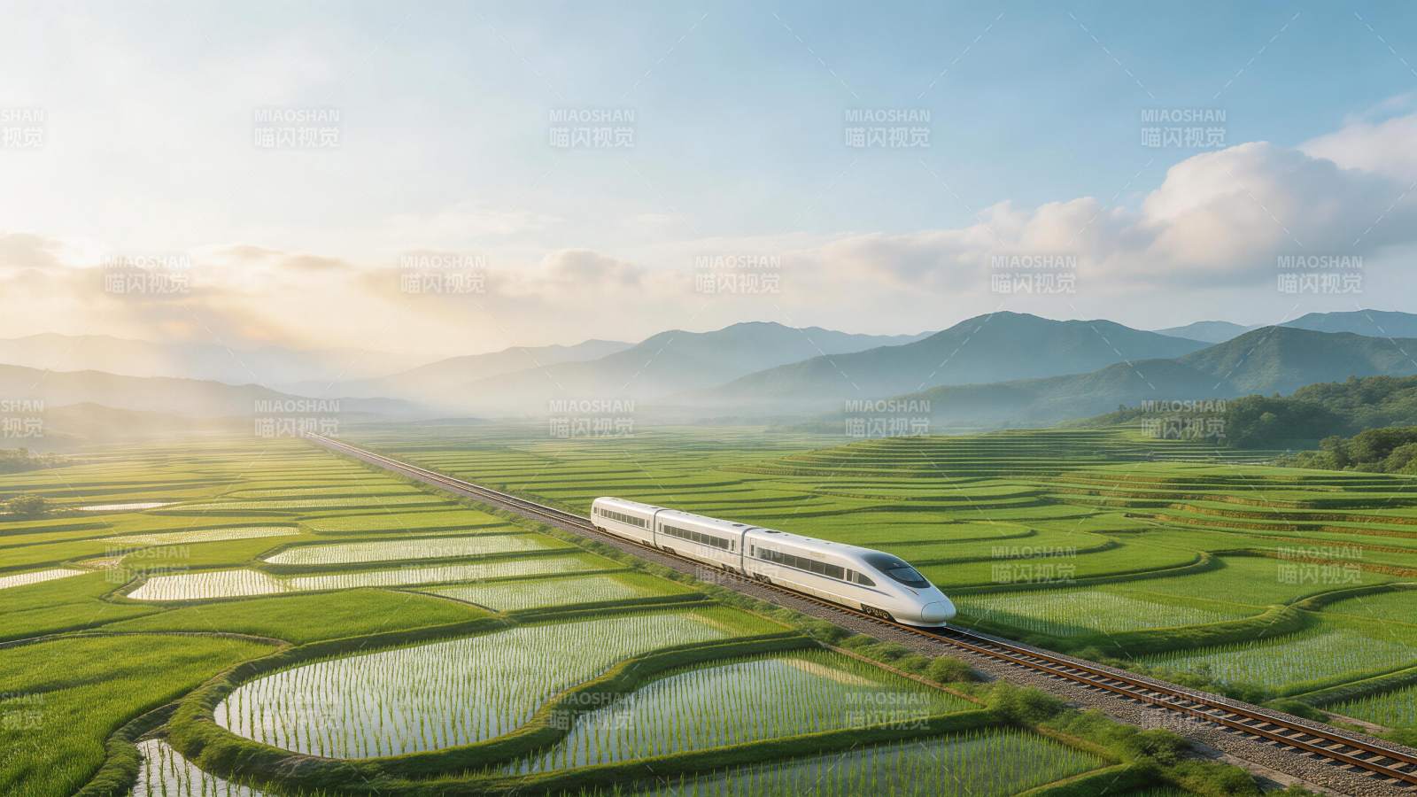 高铁穿行于梯田稻田间的清晨风景图片
