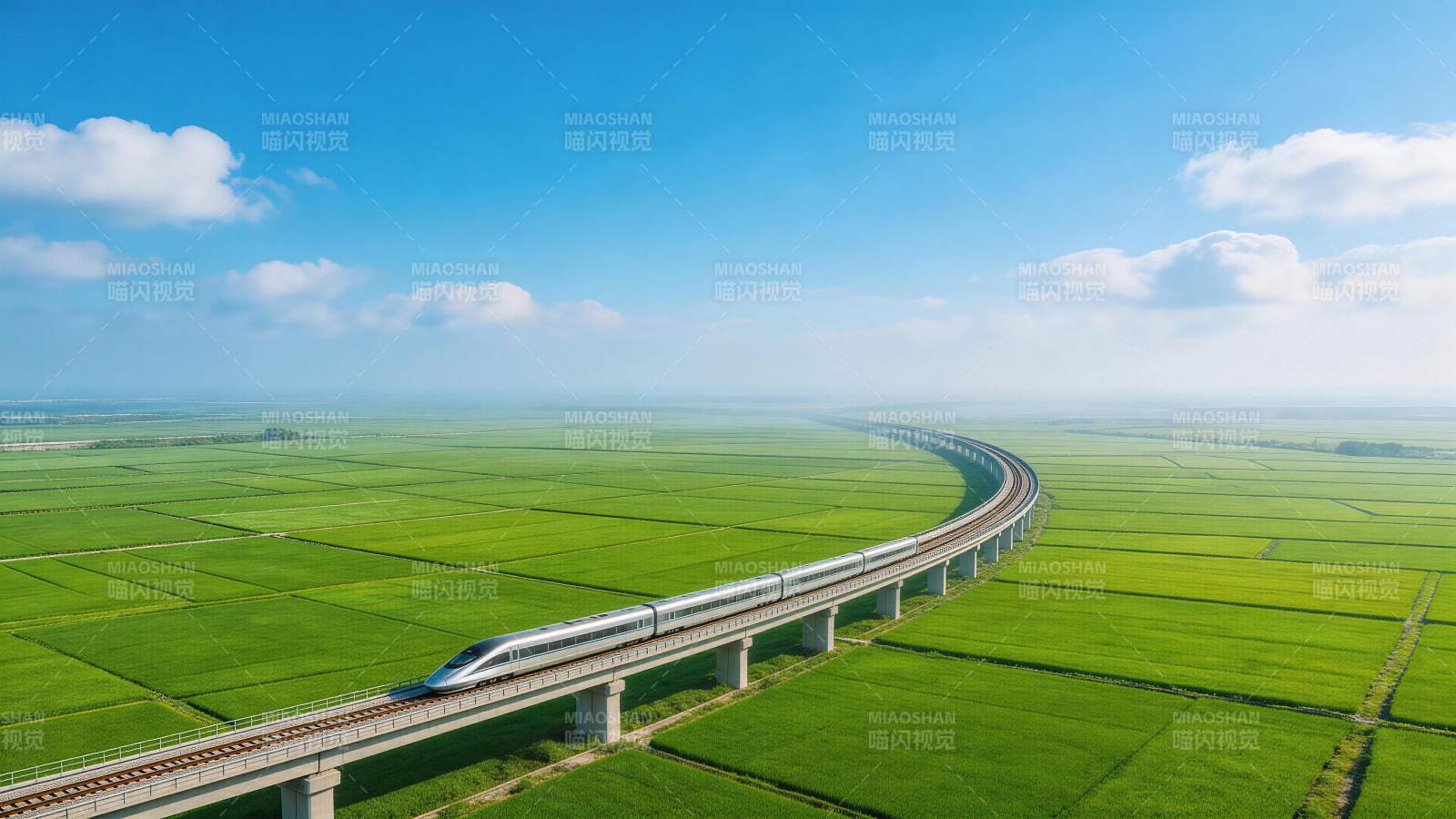 高铁穿行于绿色稻田间的高架轨道上图片