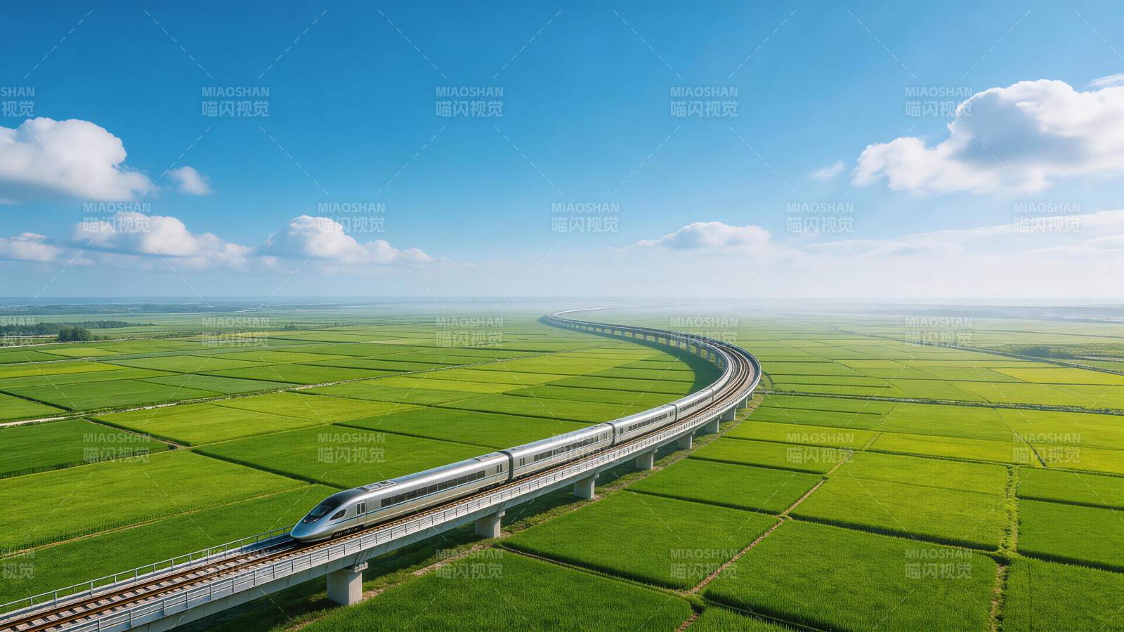 高铁穿行于绿色农田间的高架轨道上图片