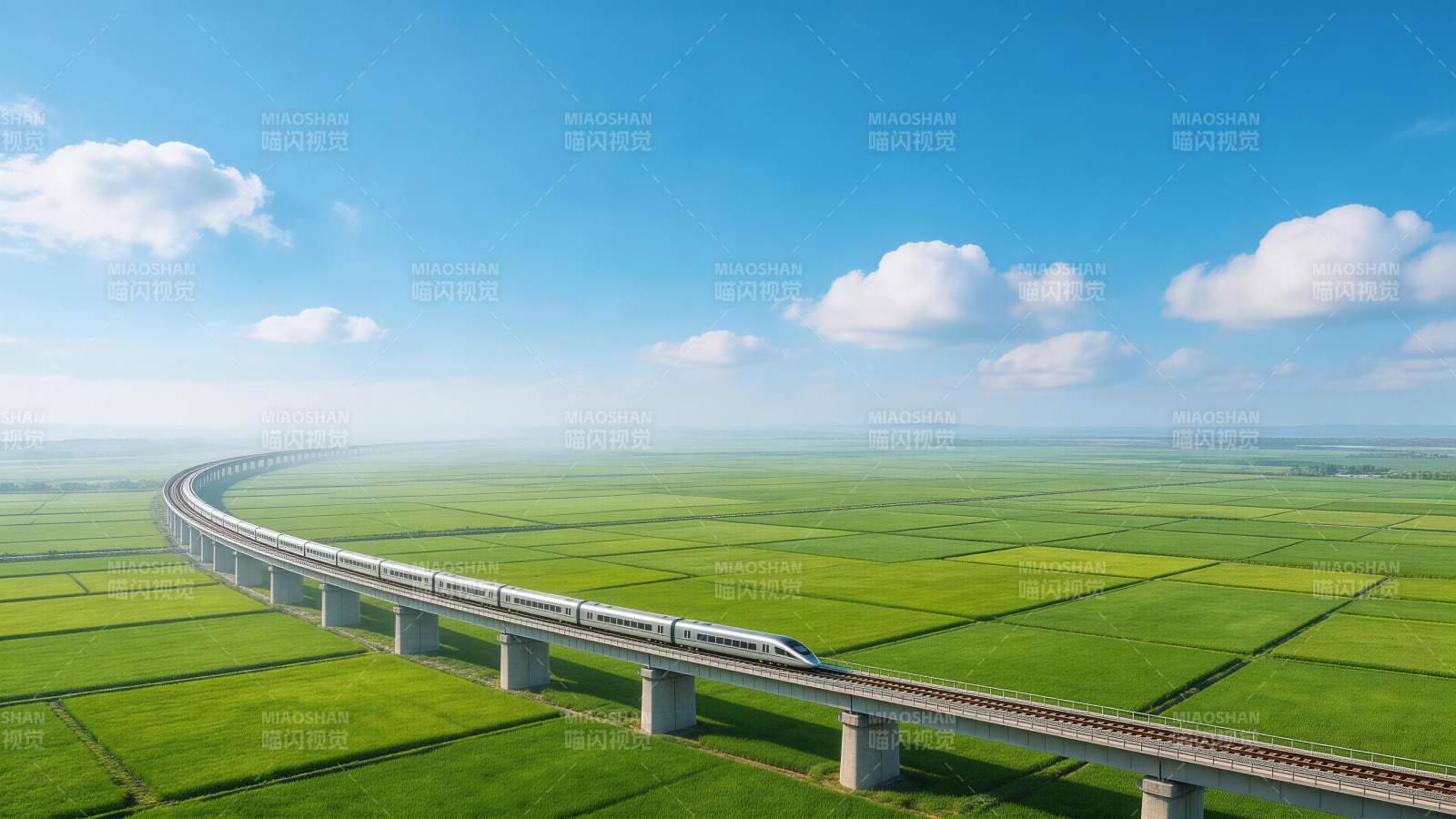 高铁穿行于绿色田野间的高架桥上图片