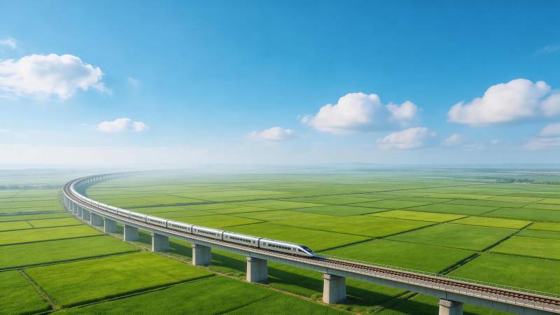 高铁穿行于绿色田野间的高架桥上图片