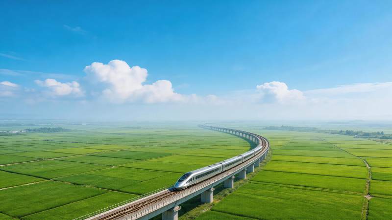 高速列车穿行绿色田野高架轨道之上图片