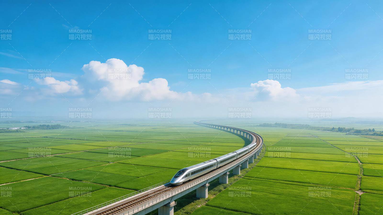 高速列车穿行绿色田野高架轨道之上图片